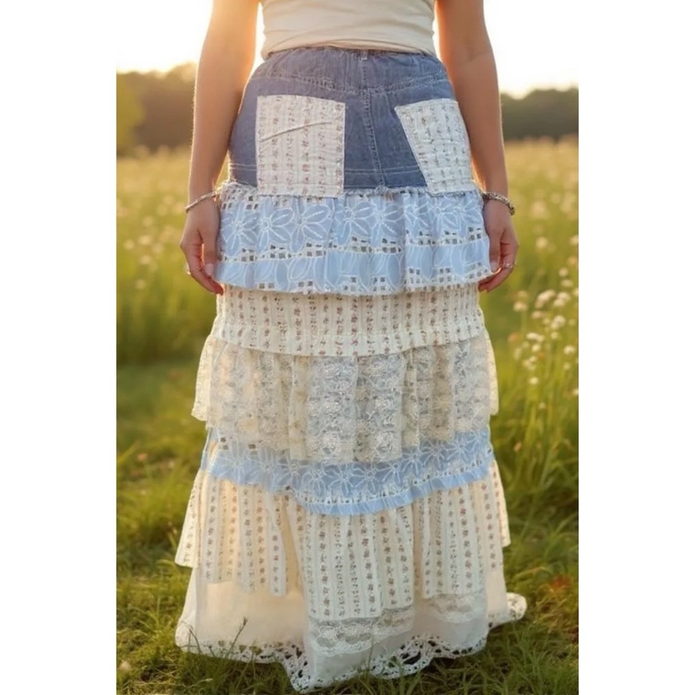 POL Cream and Blue Ruffle Layered Maxi Skirt - Picture 8 of 9